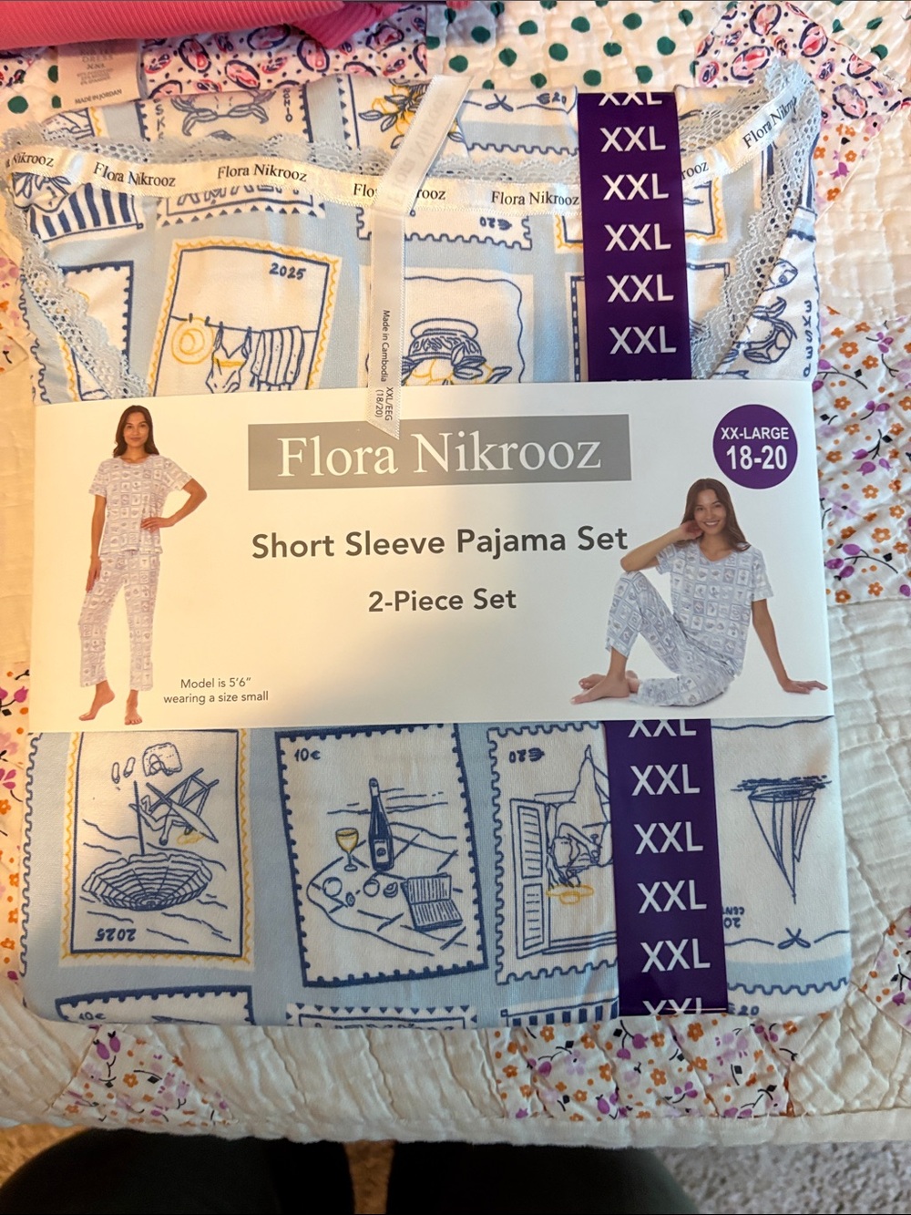 Flora Nikrooz Short Sleeve Pajama Set in White and Blue